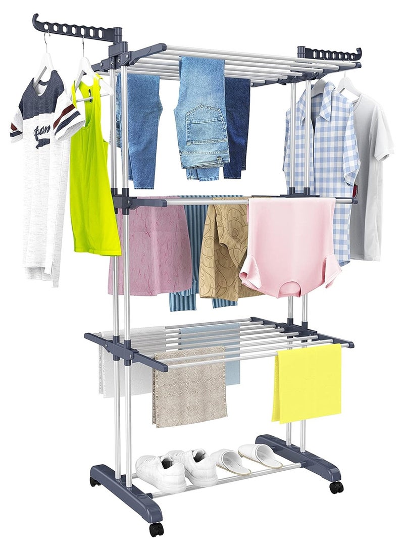 MARGOUN حامل تجفيف الملابس، 4 طبقات كبيرة قابلة للطي، حامل هواء داخلي وخارجي قابل للسحب مع أجنحة قابلة للطي وعجلات قابلة للقفل / لون فضي أزرق - Image 5